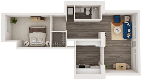 A top-down view of a small apartment layout with a bedroom, living room, and kitchen.